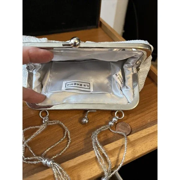 Vintage Silver La Regale Frame Evening Purse, Clutch  w/ Glass Beaded Handle - Picture 2 of 6